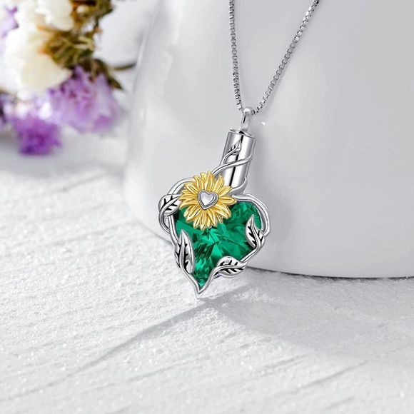 TOUPOP Jewelry - TOUPOP Sunflower Urn  for Ashes with Heart Crystal S925 Sterling Silver Necklace